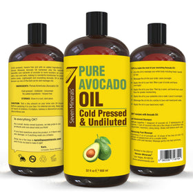 Seven Minerals Avocado Oil packaging and safety seals emphasizing hexane-free purity.