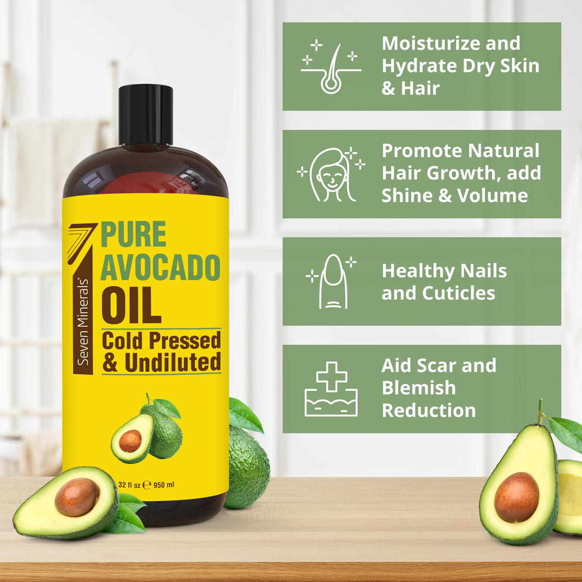 Seven Minerals Avocado Oil bottle applying on skin nourishing daily routine.