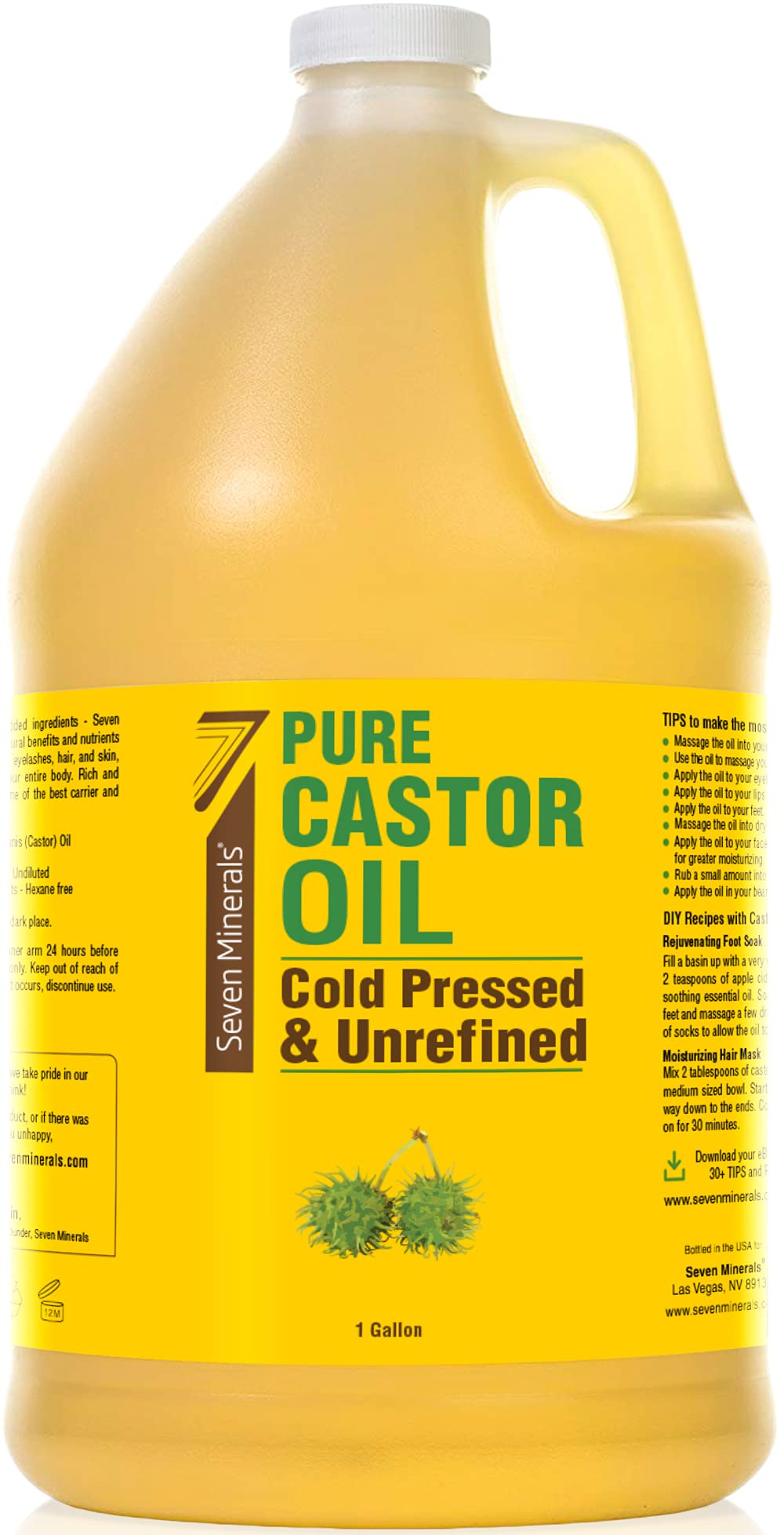 Seven Minerals Castor Oil 1gal pour for versatile skin and hair care routines.