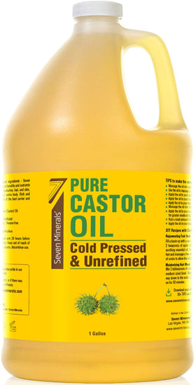 Seven Minerals Castor Oil 1gal pour for versatile skin and hair care routines.