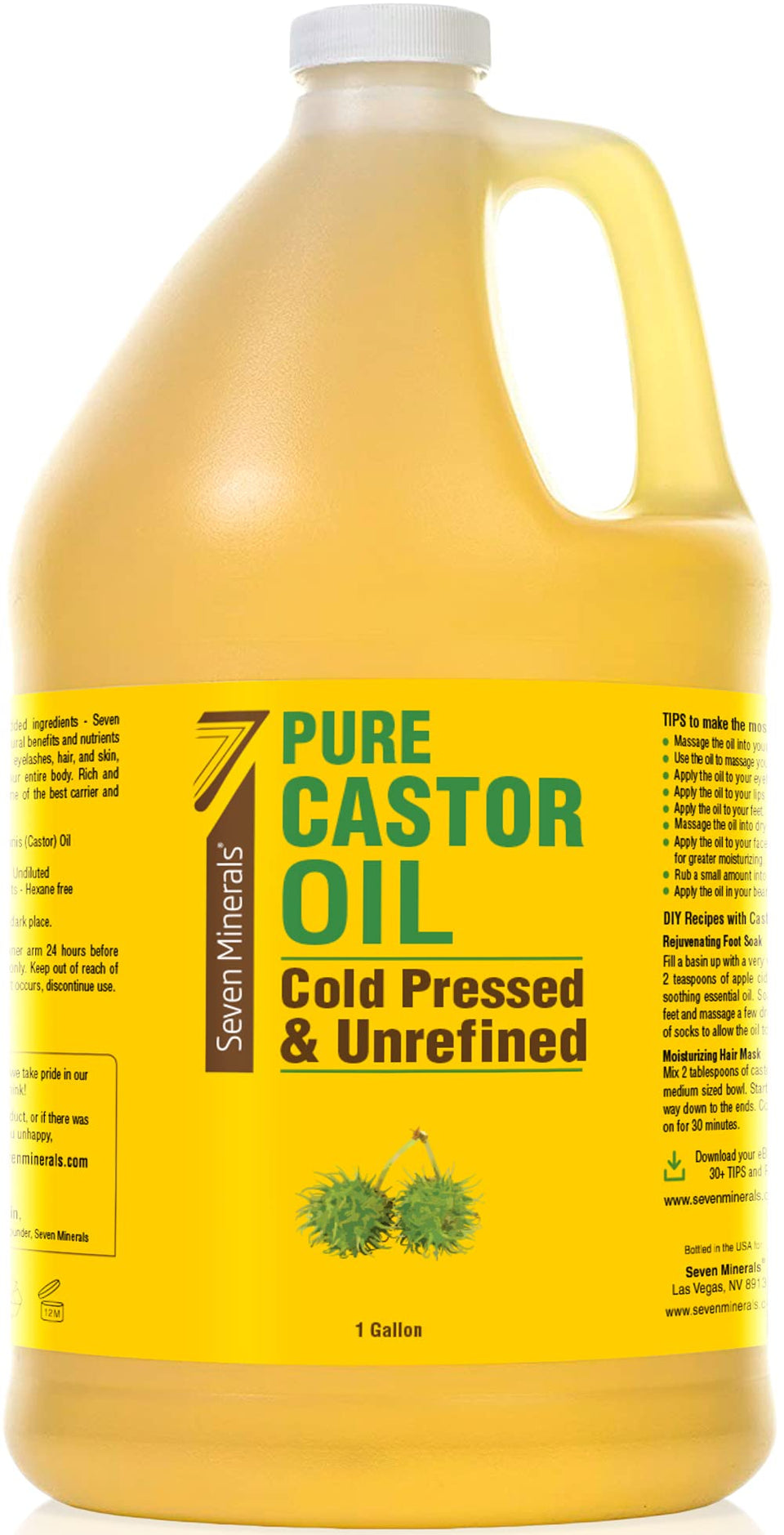 Seven Minerals Castor Oil 1gal pour for versatile skin and hair care routines.