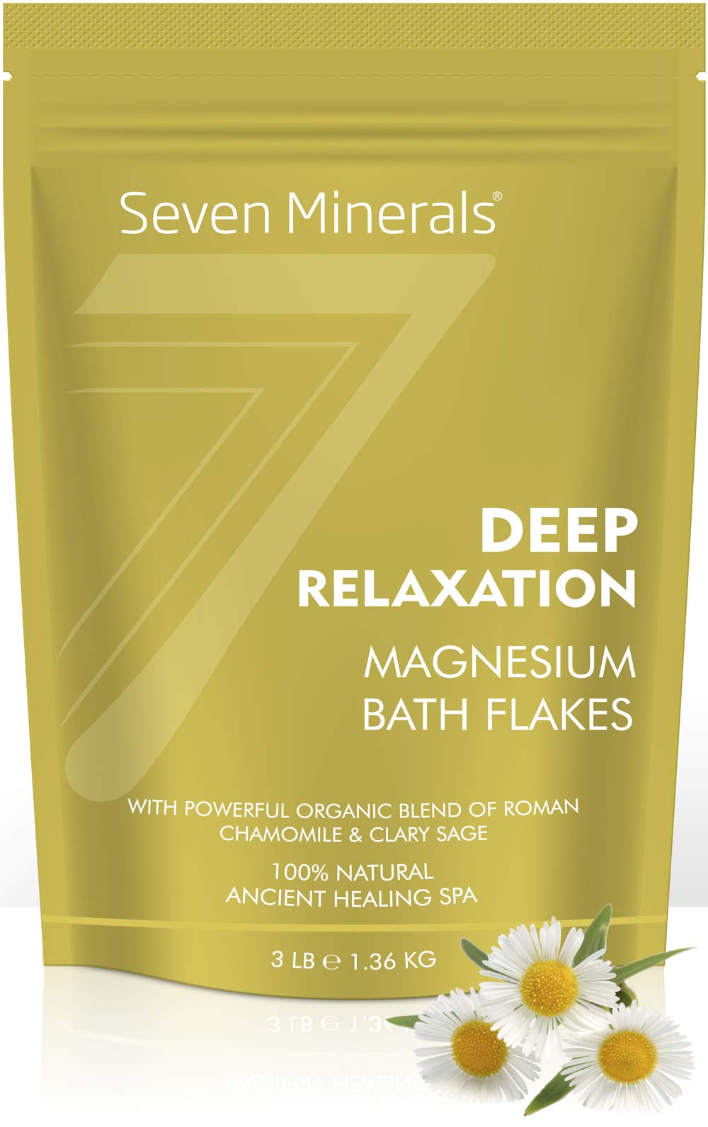 Seven Minerals Deep Relaxation bath flakes in tub help unwind after a long day.