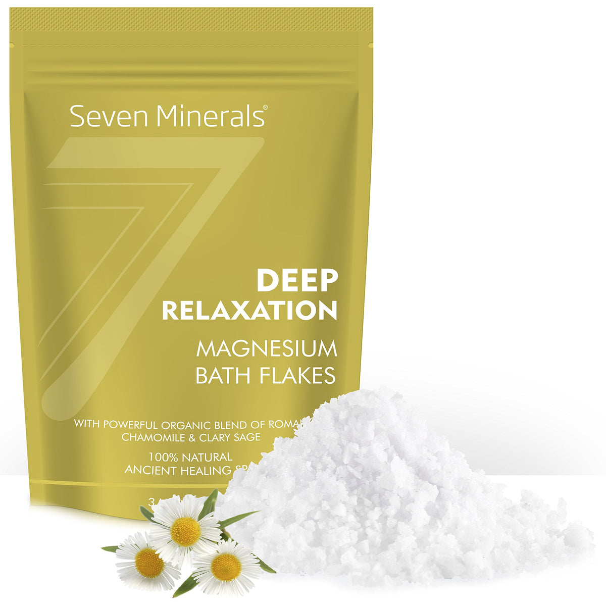 Seven Minerals Deep Relaxation bottle label highlighting purity and premium ingredients.