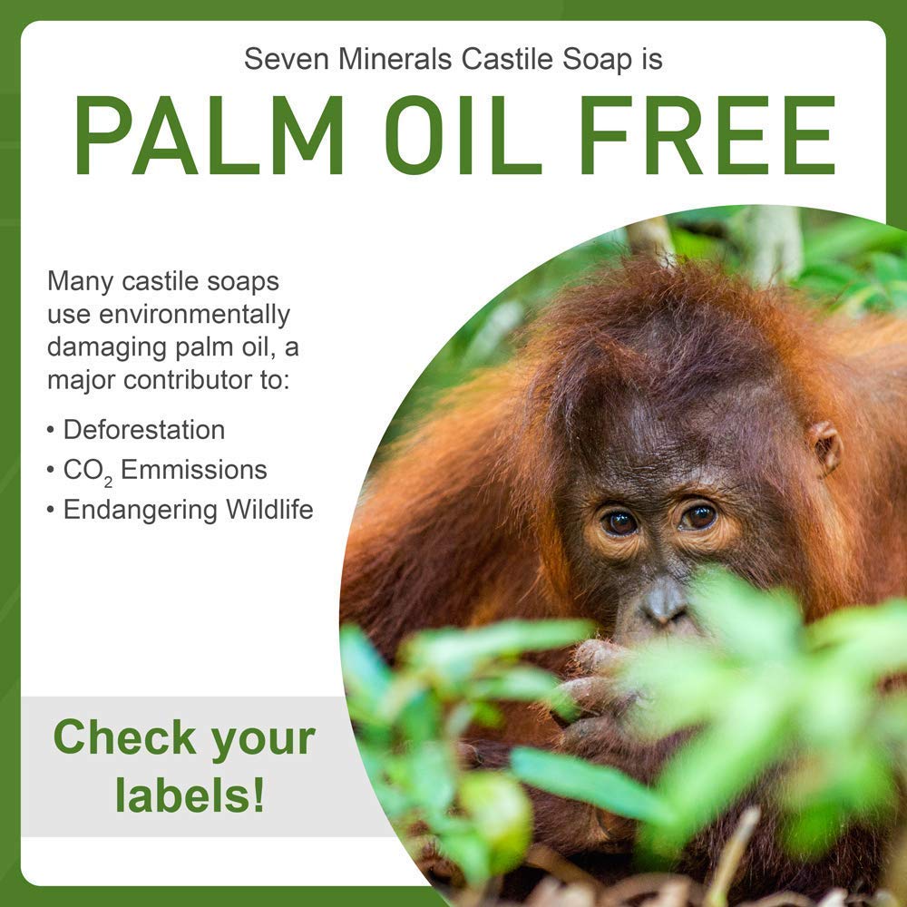 Seven Minerals No Palm Oil icon communicates eco-friendly, wildlife-friendly ingredient choice.