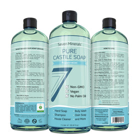 Seven Minerals Organic Castor Oil image emphasizes added moisture for skin and hair care.