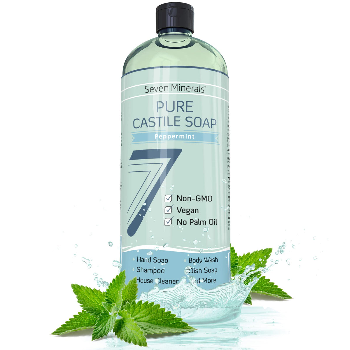 Seven Minerals Peppermint Castile Soap bottle showcases versatile cleaning with refreshing peppermint scent.