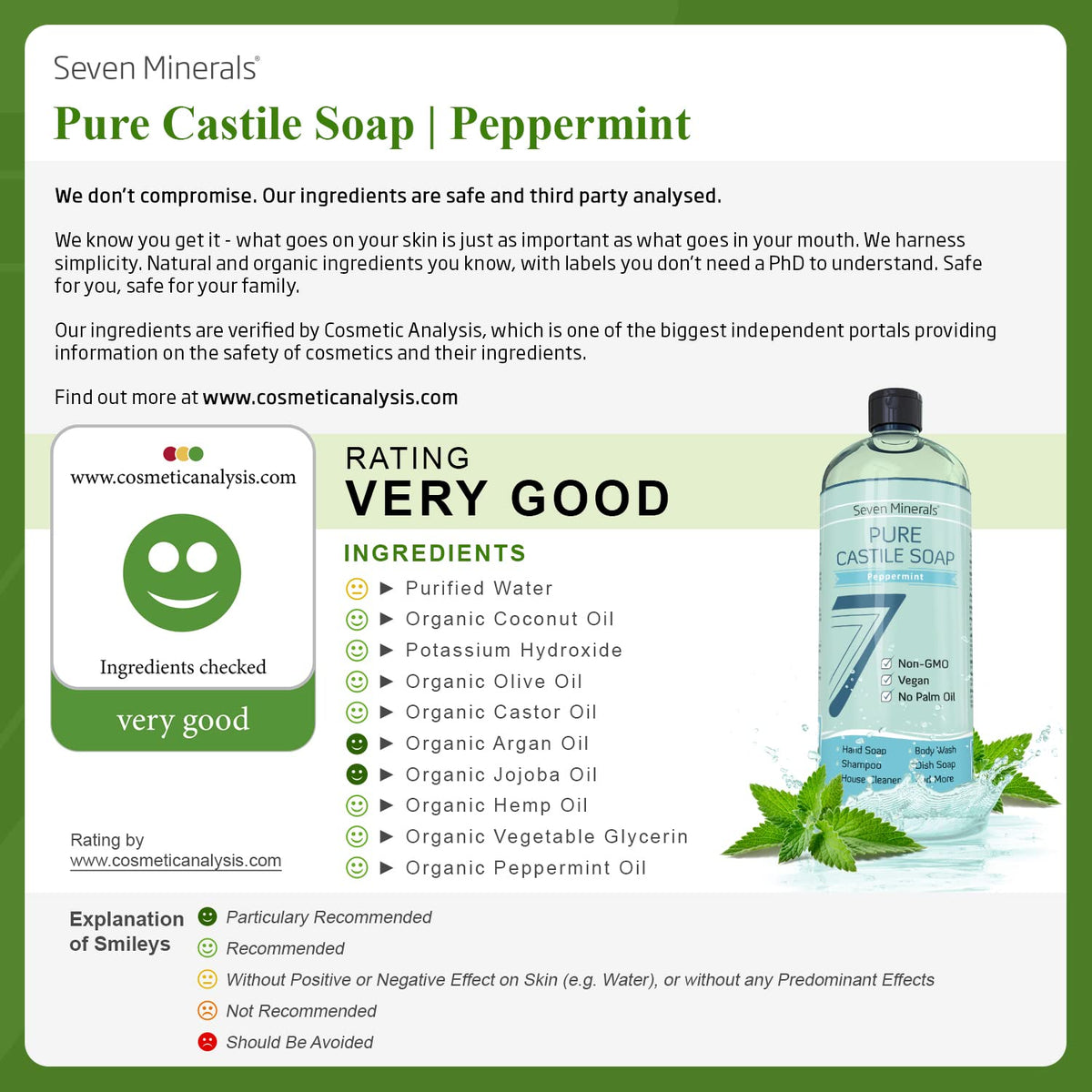Seven Minerals Peppermint Castile Soap label close-up shows vegan, no palm oil, and organic oils.