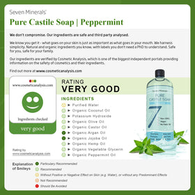 Seven Minerals Peppermint Castile Soap label close-up shows vegan, no palm oil, and organic oils.