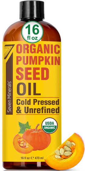 Seven Minerals Pumpkin Seed Oil bottle close-up, organic and hexane-free, cold-pressed for purity.
