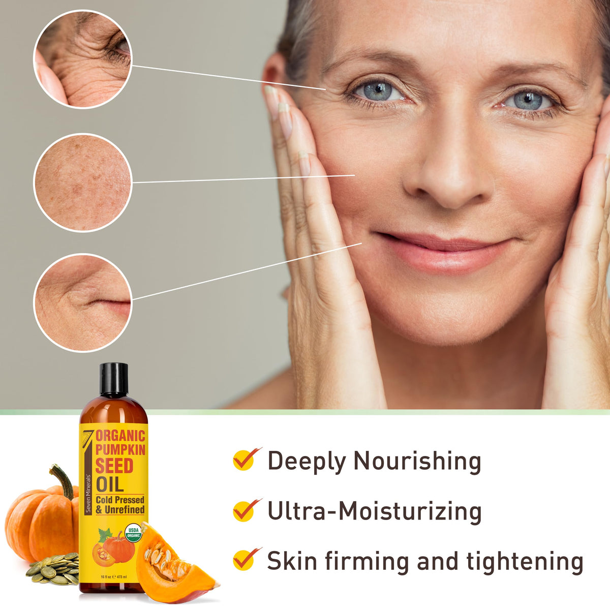 Seven Minerals Pumpkin Seed Oil on hair, nourishment for scalp and shine.