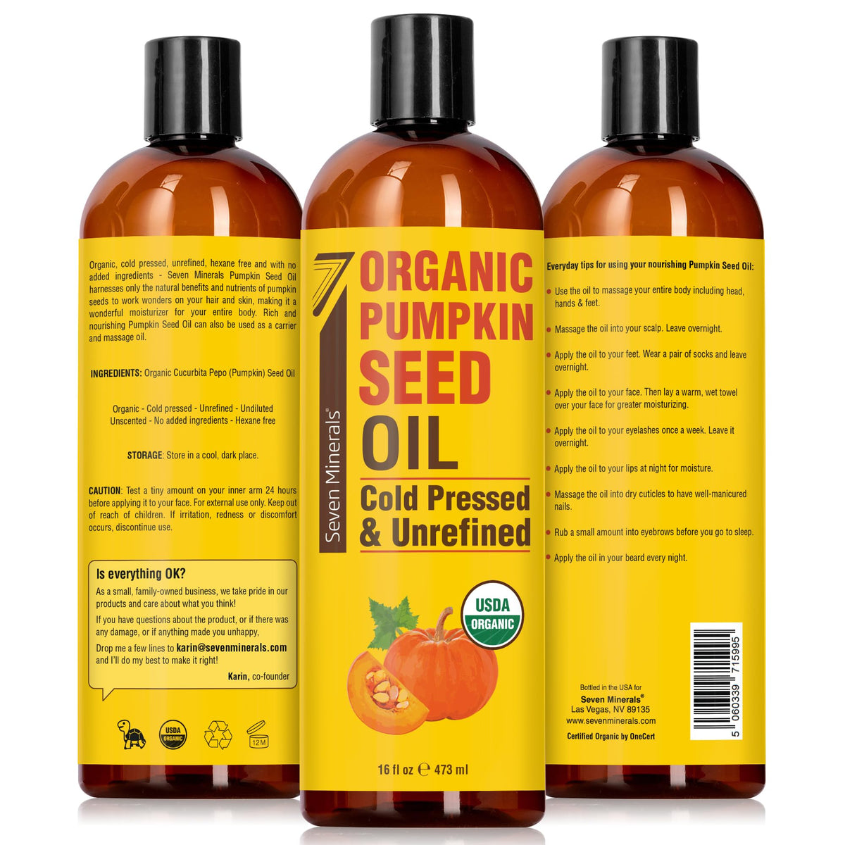 Seven Minerals Pumpkin Seed Oil organic label close-up, 16oz bottle ready for daily hydration.