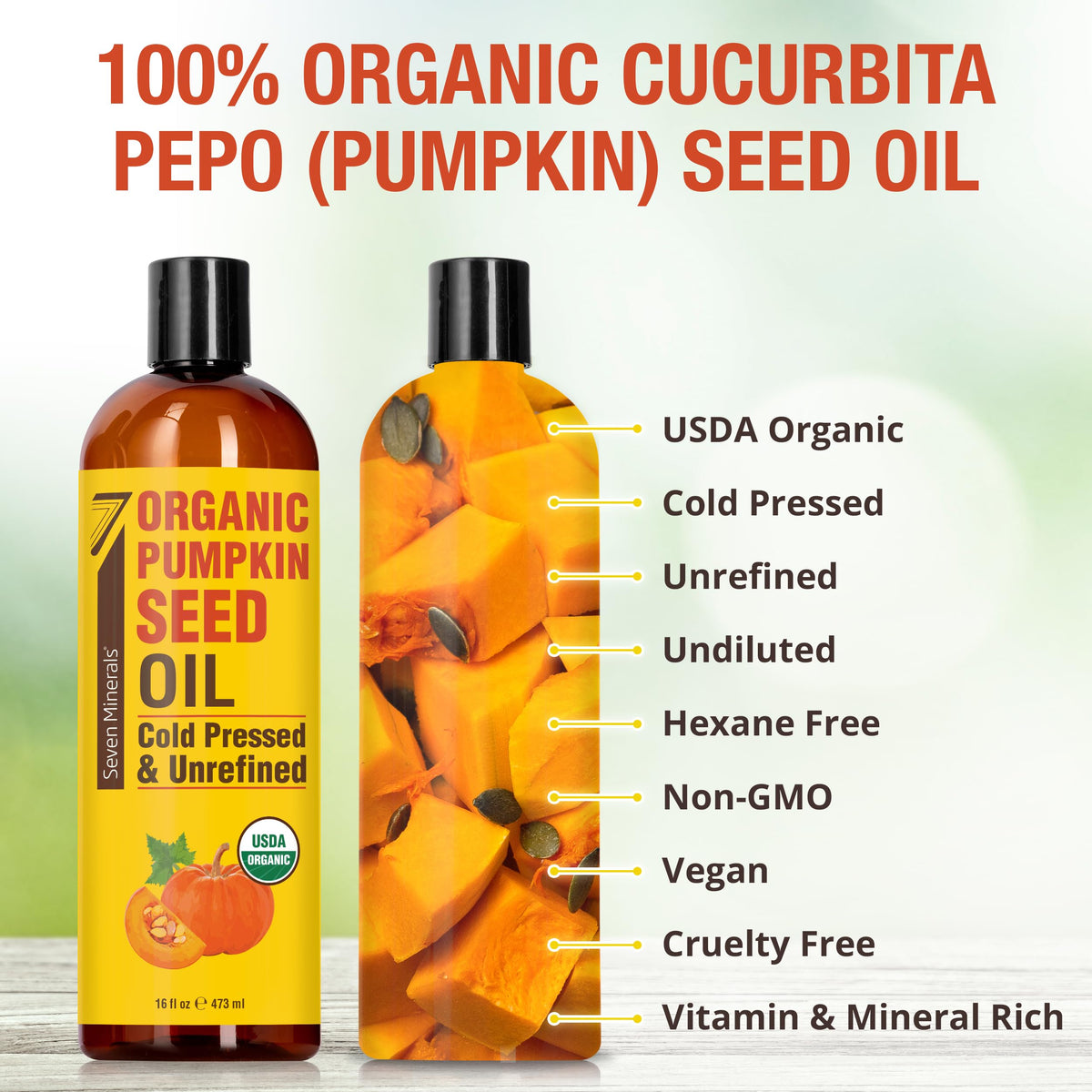 Seven Minerals Pumpkin Seed Oil pour shot, lightweight and non-greasy, ideal for quick absorption.
