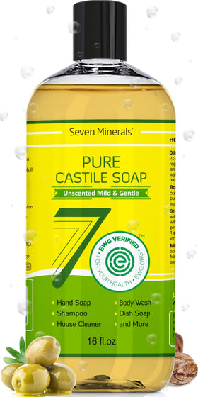 Seven Minerals Pure Castile Soap bottle front label shows a palm oil-free promise.