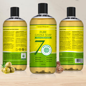 Seven Minerals Castile Soap being poured for a gentle, fragrance-free wash.