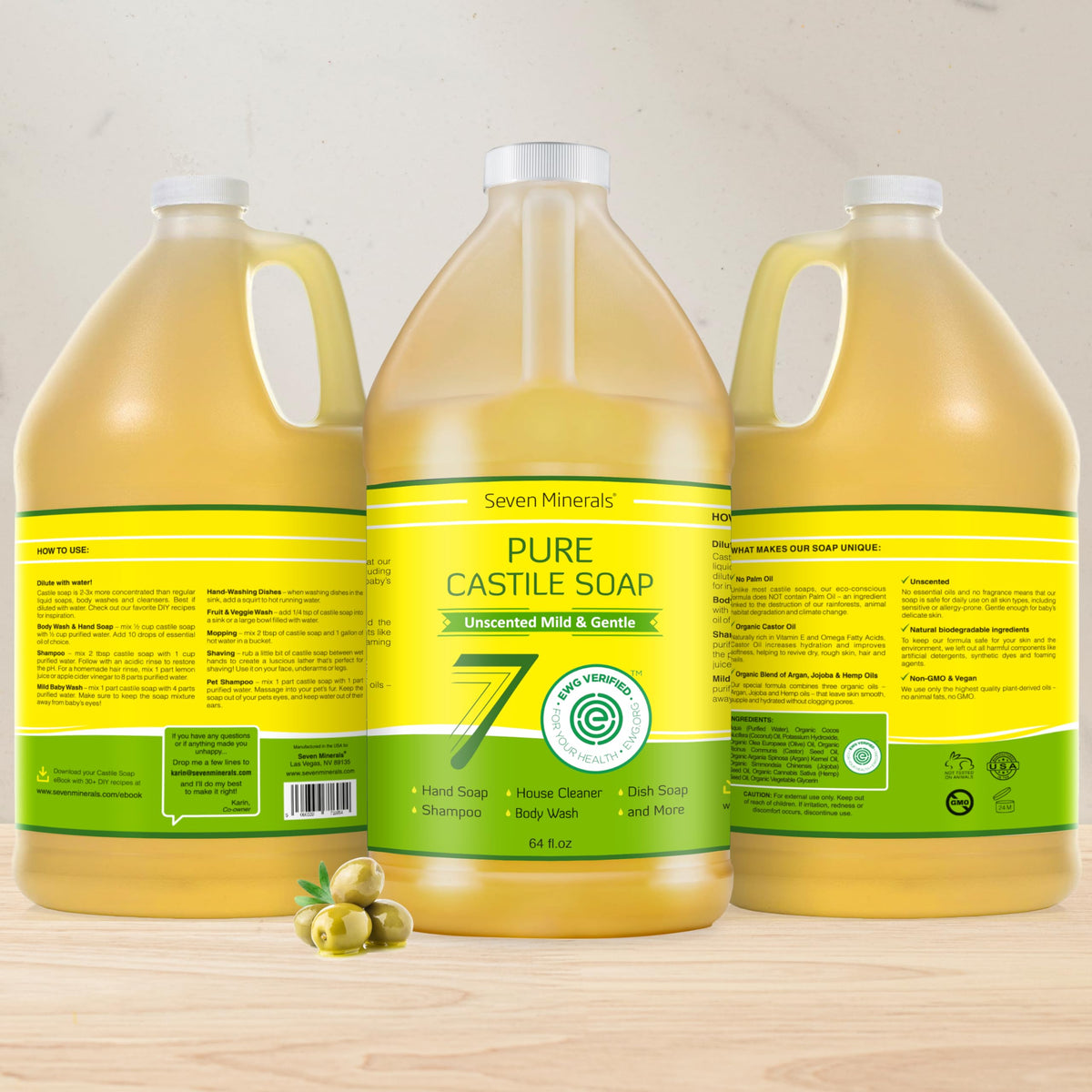 Seven Minerals Pure Castile Soap ingredients highlight organic plant oils.