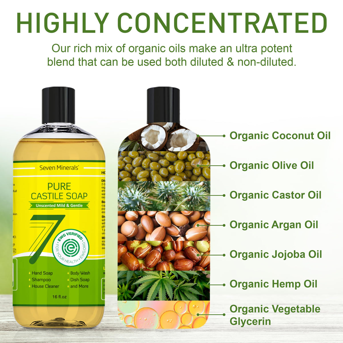 Close-up of Organic carrier oils in Seven Minerals Castile Soap.