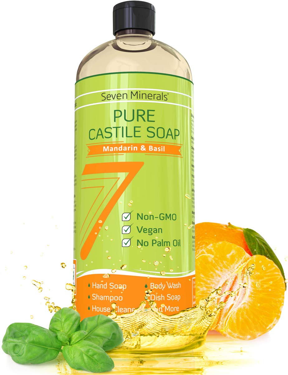 Seven Minerals Pure Castile Soap Mandarin Basil bottle shows natural formula for sensitive skin and gentle cleansing