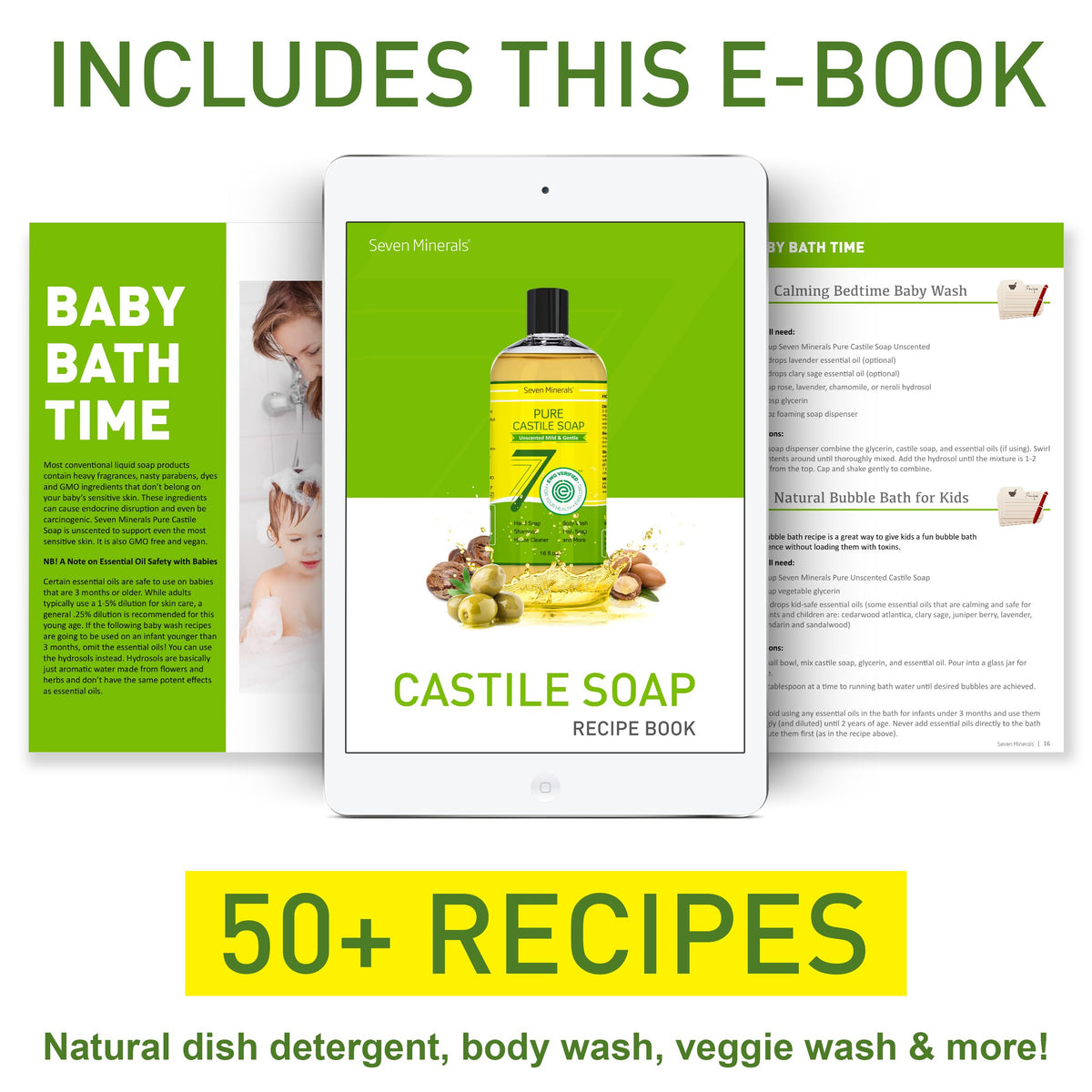 Seven Minerals Pure Castile Soap with free Recipe E-Book included.