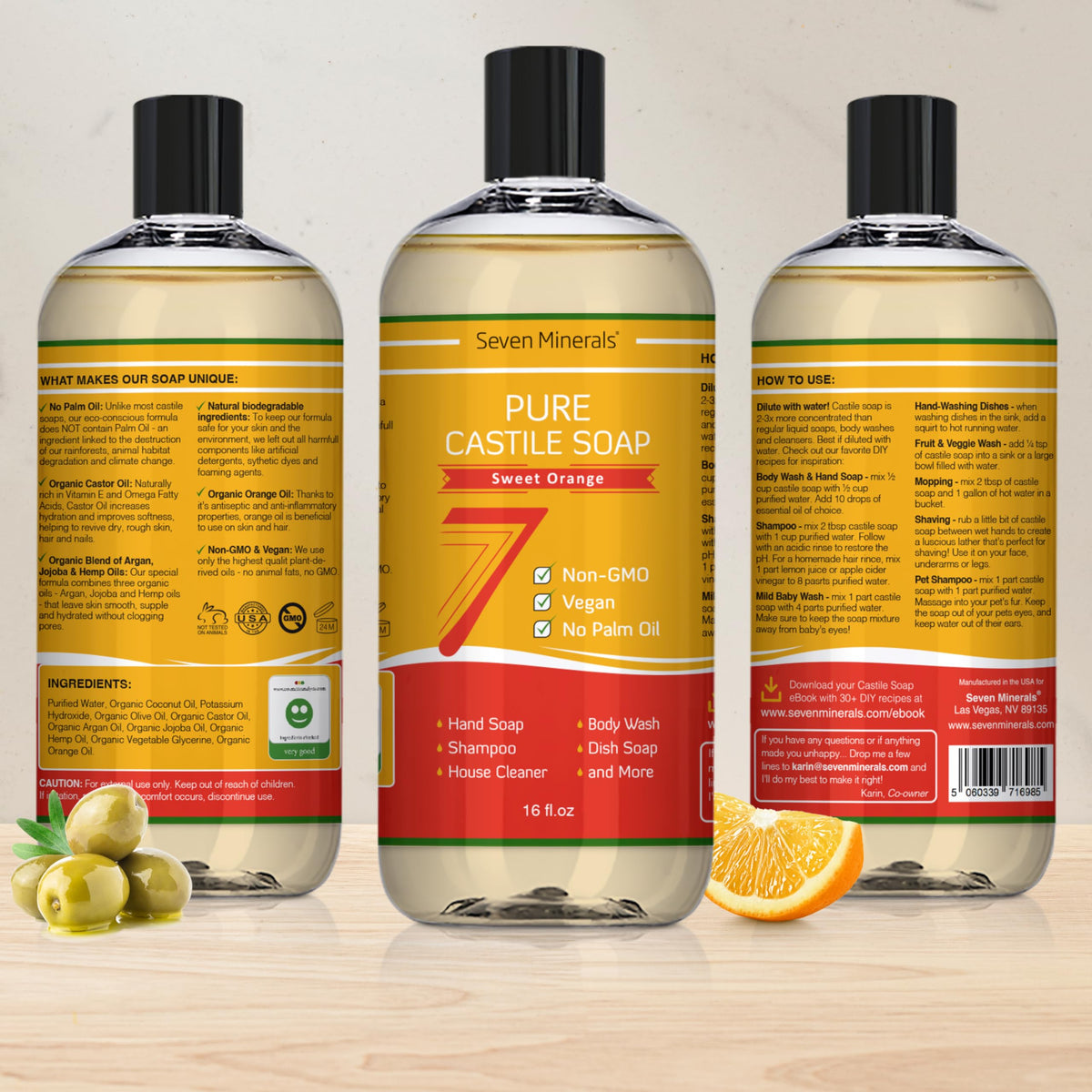 Seven Minerals Pure Castile Soap Sweet Orange baby wash usage demonstrates gentle cleansing.
