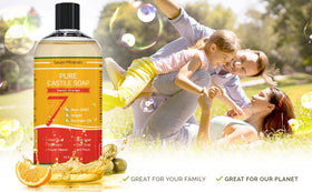 Seven Minerals Pure Castile Soap Sweet Orange bottle label shows natural, palm oil free formula.