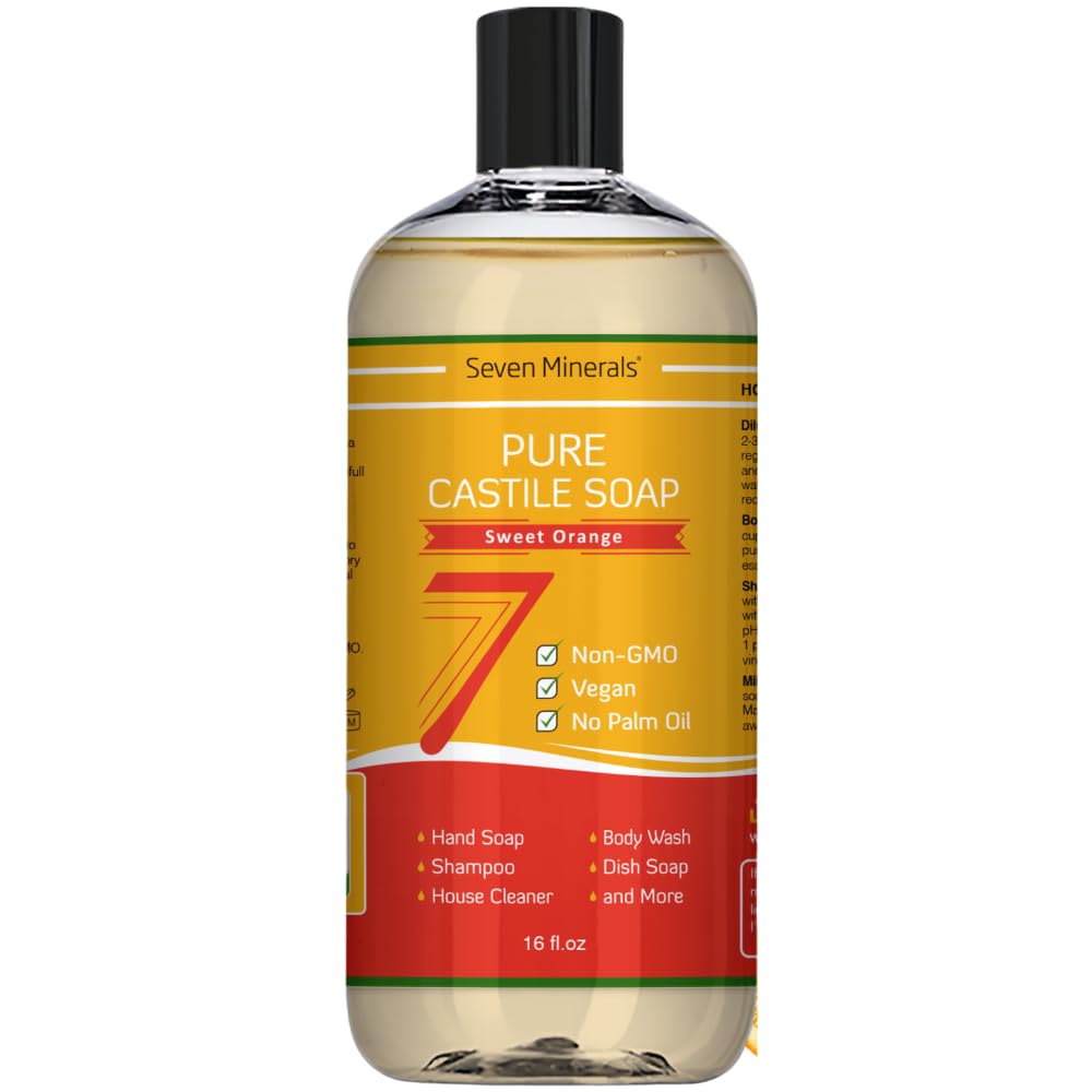 Seven Minerals Pure Castile Soap Sweet Orange bottle pour for gentle cleansing on sensitive skin.