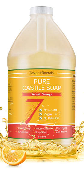 Seven Minerals Pure Castile Soap Sweet Orange bottle for gentle cleansing on sensitive skin.