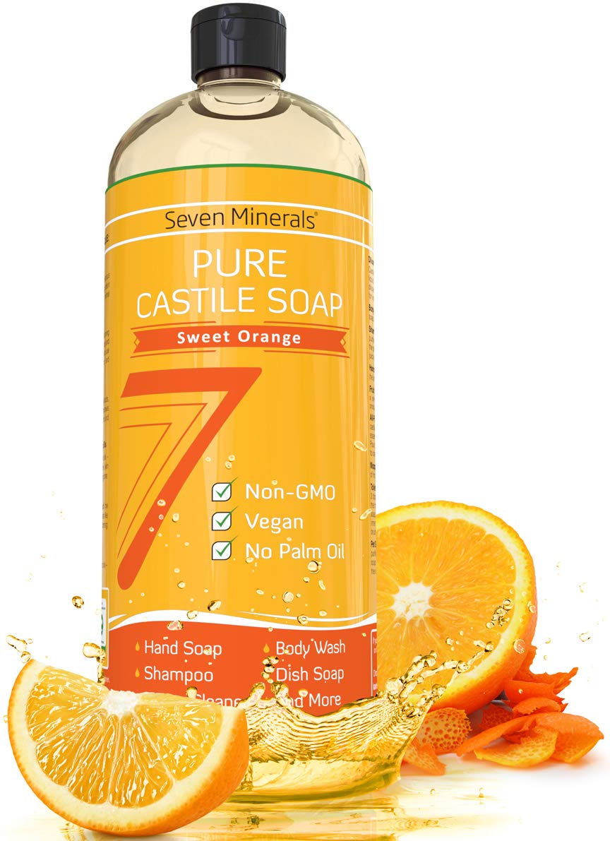 Seven Minerals Pure Castile Soap Sweet Orange bottle for sensitive skin.