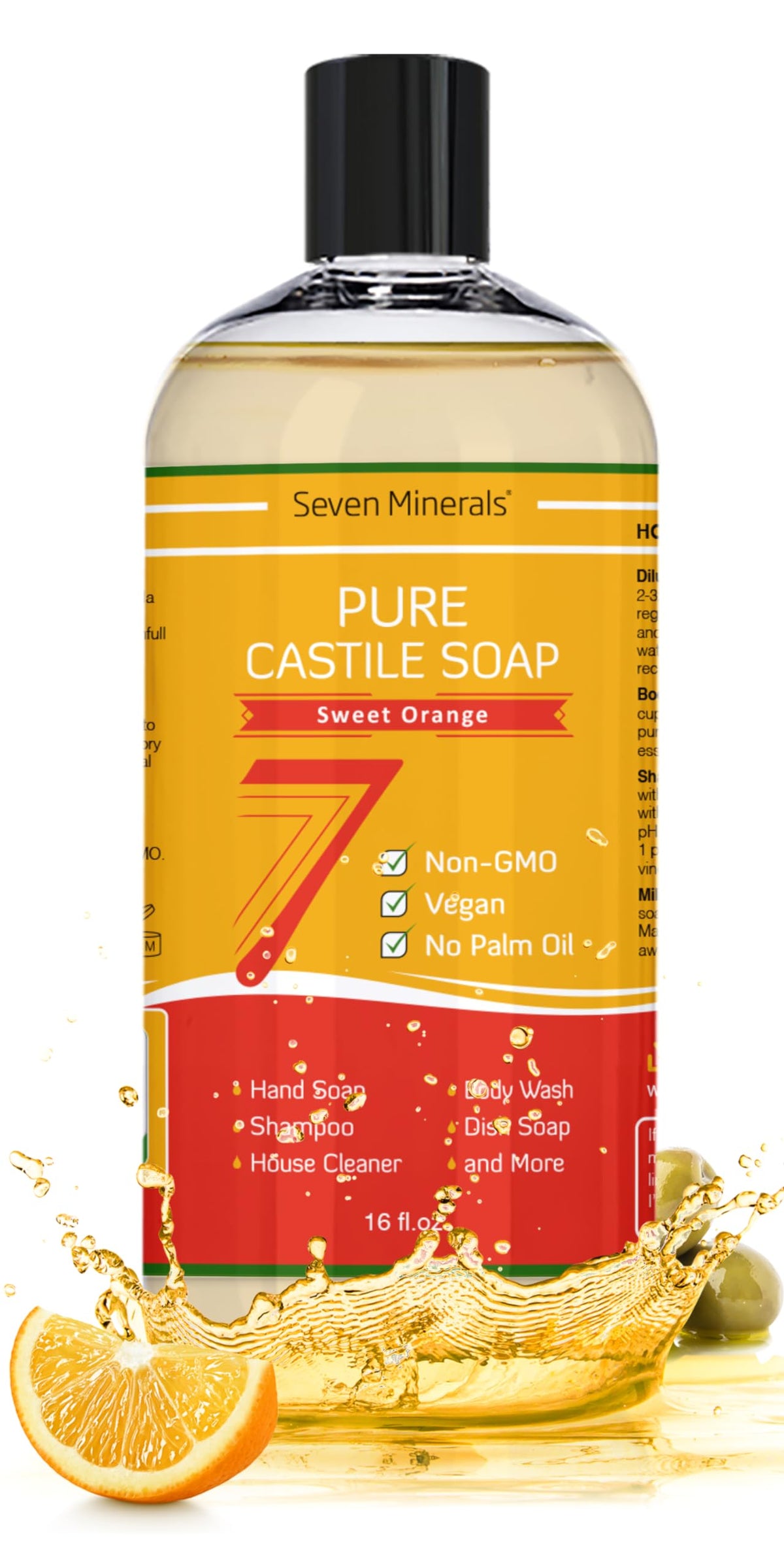 Seven Minerals Pure Castile Soap Sweet Orange ingredients highlight organic carrier oils.