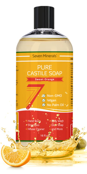 Seven Minerals Pure Castile Soap Sweet Orange ingredients highlight organic carrier oils.