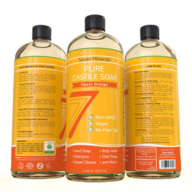 Seven Minerals Pure Castile Soap Sweet Orange packaging, eco-conscious cleaning solution.