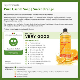 Seven Minerals Pure Castile Soap Sweet Orange pour highlights multi-use cleansing for the family.