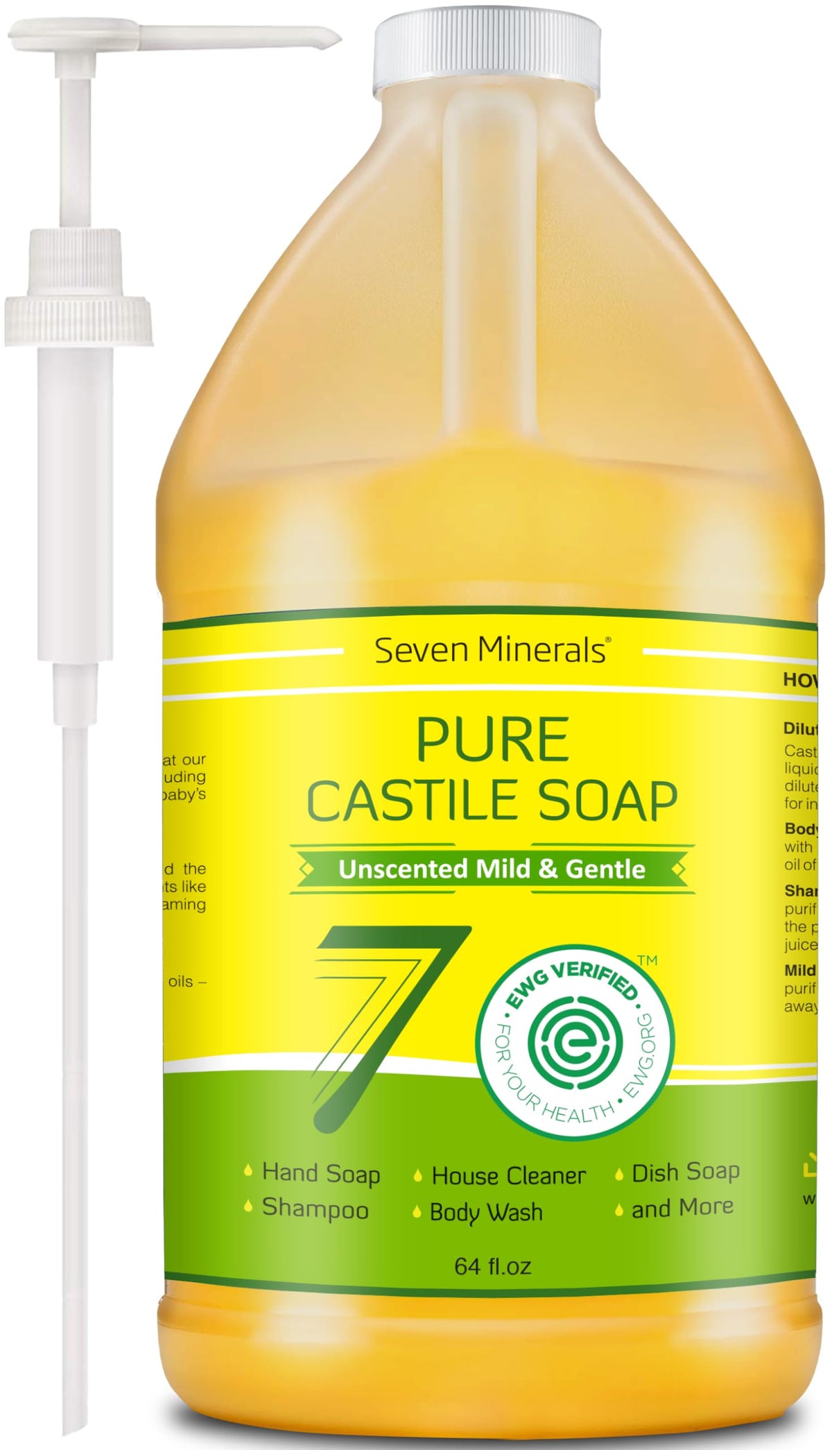 Seven Minerals Pure Castile Soap unscented bottle for gentle skin cleansing.
