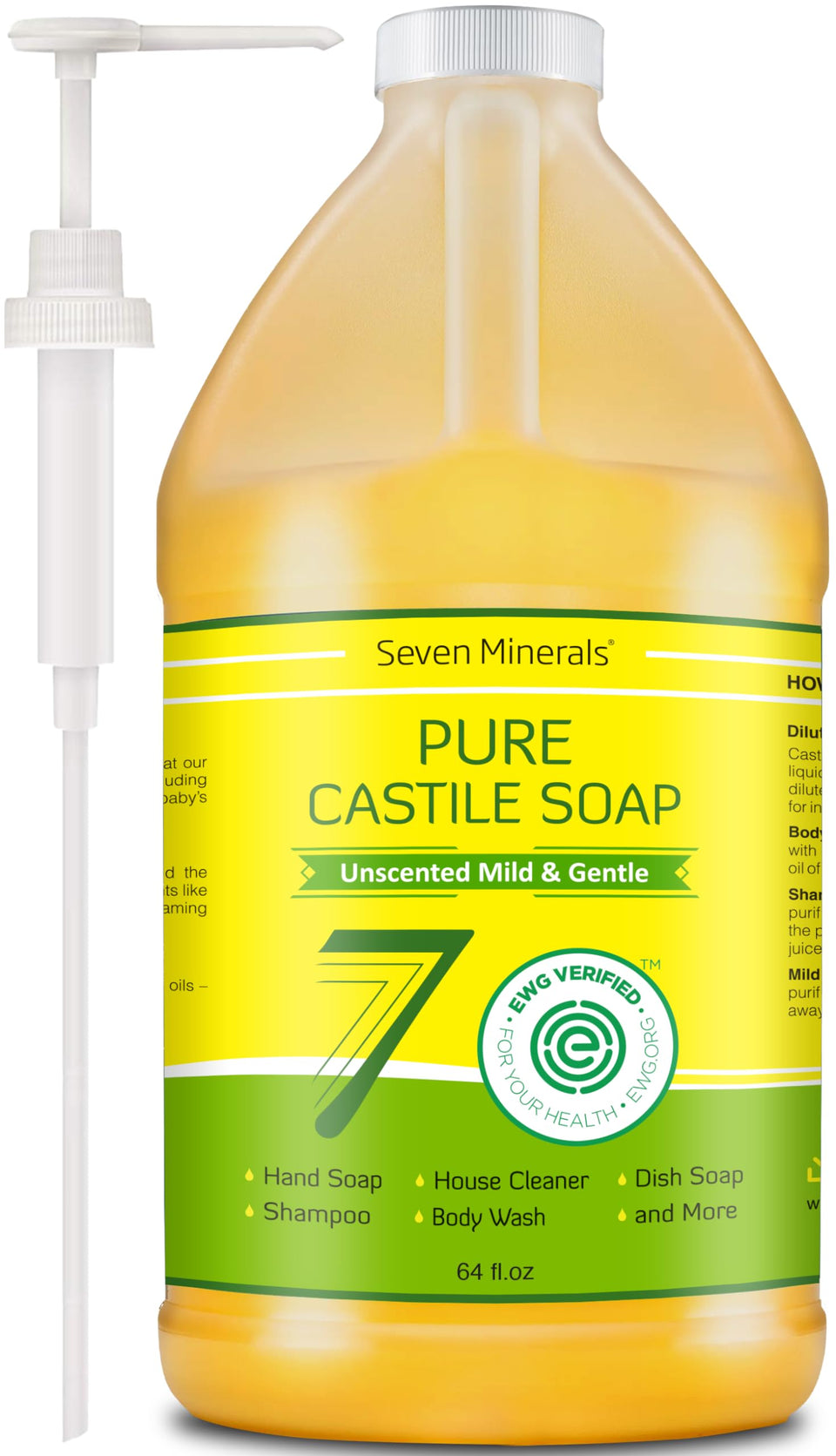 Seven Minerals Pure Castile Soap unscented bottle for gentle skin cleansing.