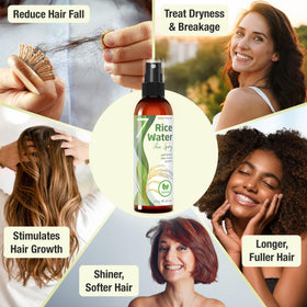 Applying Seven Minerals rice water spray to hair for growth and shine