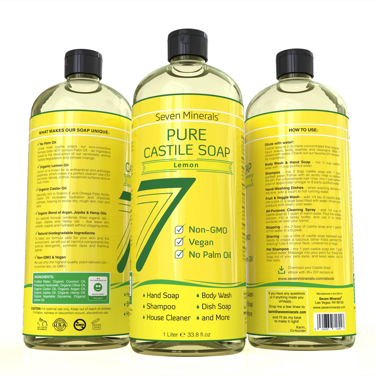 Seven Minerals vegan no palm oil castile bottle supports eco-friendly cleaning