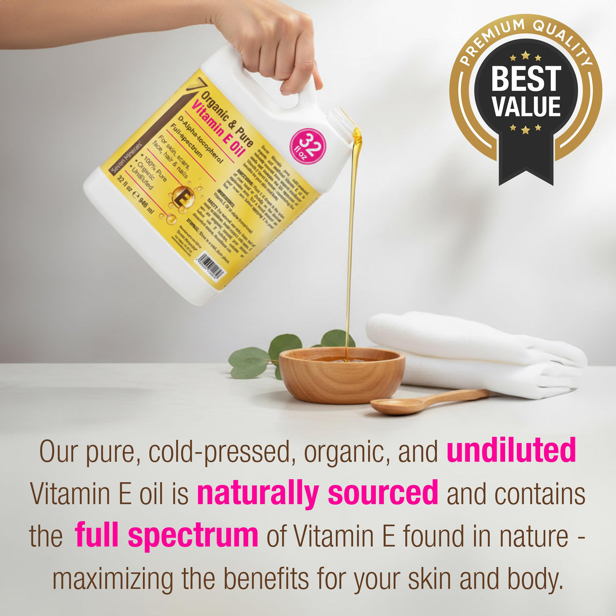 Seven Minerals Vitamin E Oil used as a body moisturizer and hair treatment
