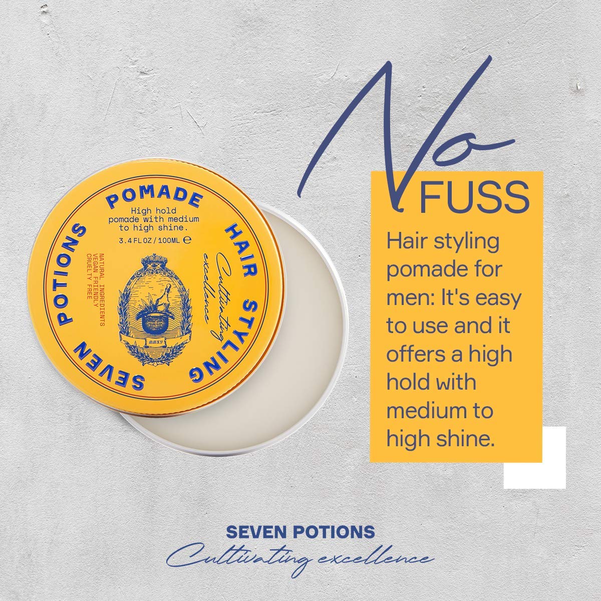 Seven Potions barber-grade pomade delivering strong hold for classic slick-back looks.