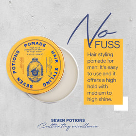 Seven Potions barber-grade pomade delivering strong hold for classic slick-back looks.