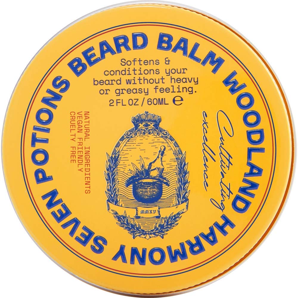 Seven Potions Woodland Harmony beard balm jar for soft, shiny beard.