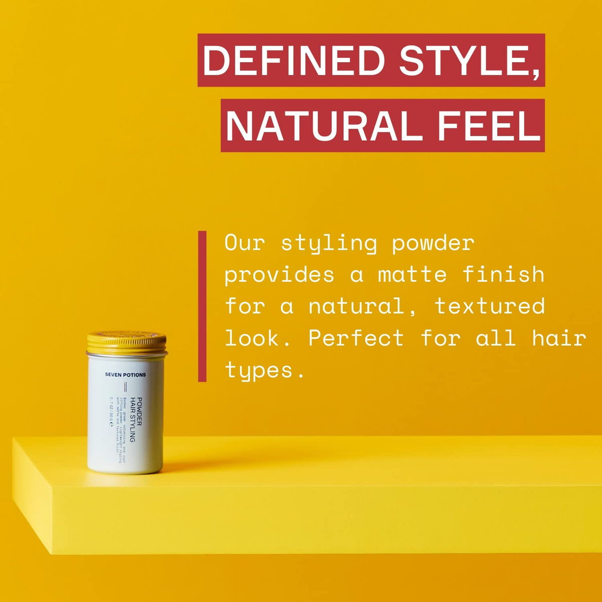SEVEN POTIONS hair powder in-use shows quick dust application for versatile styles