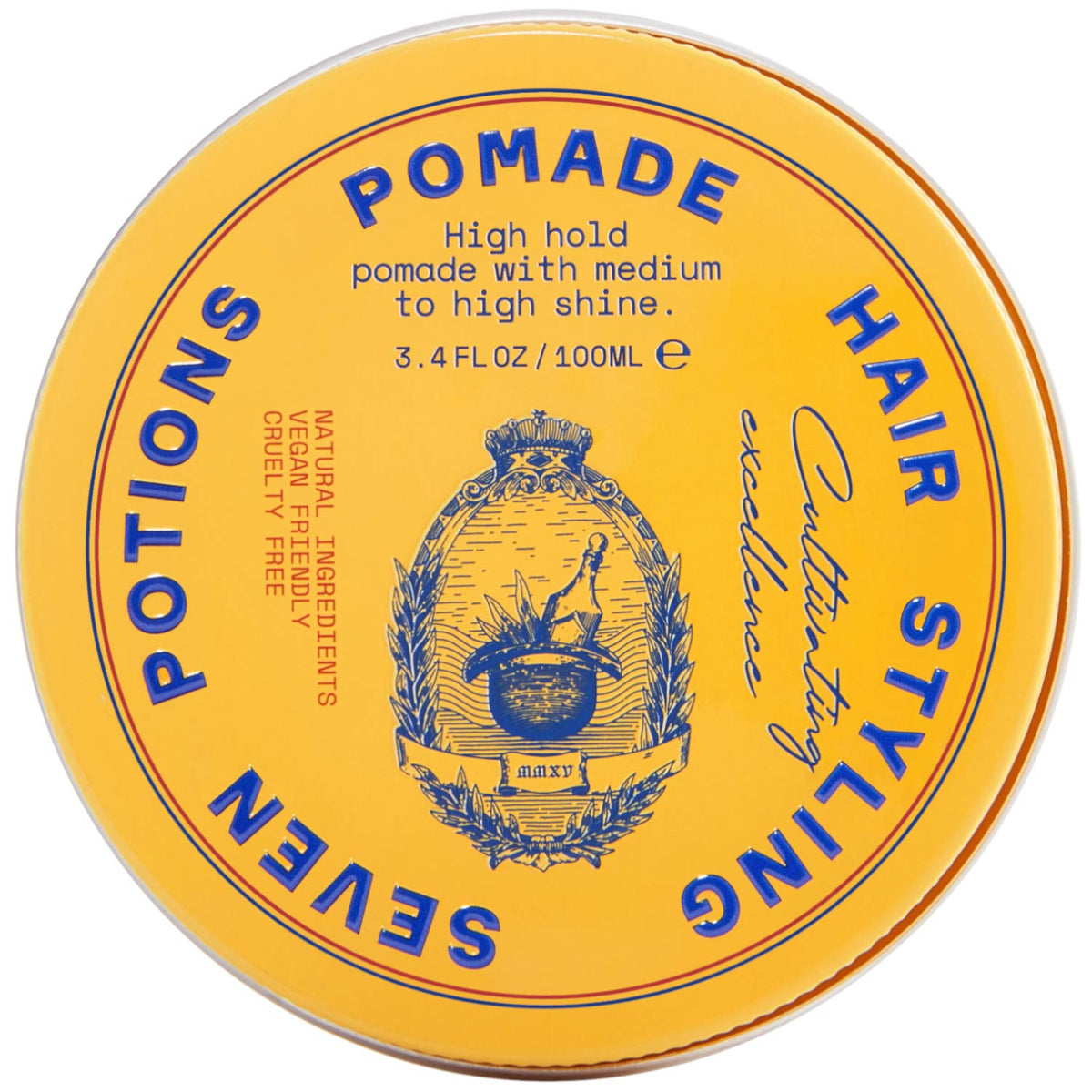 Seven Potions men's pomade with high shine for lasting slick-back styling.