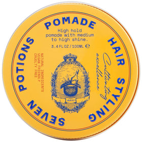 Seven Potions men's pomade with high shine for lasting slick-back styling.