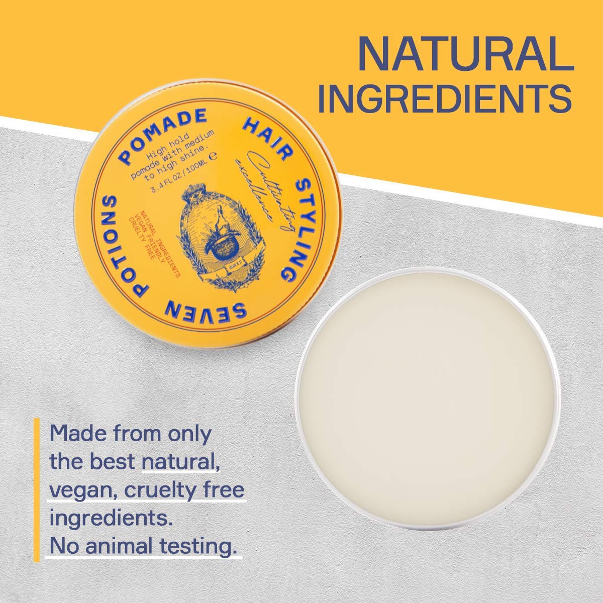 Seven Potions pomade applies smoothly on damp or dry hair for controlled styling.