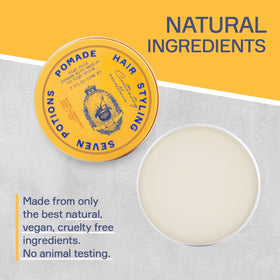 Seven Potions pomade applies smoothly on damp or dry hair for controlled styling.