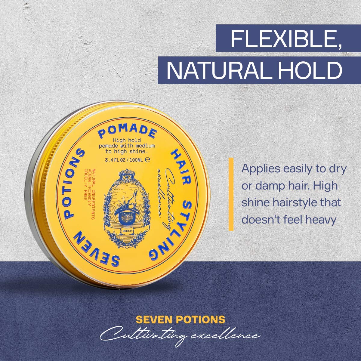 Seven Potions water-based pomade rinses out easily with no greasy residue.