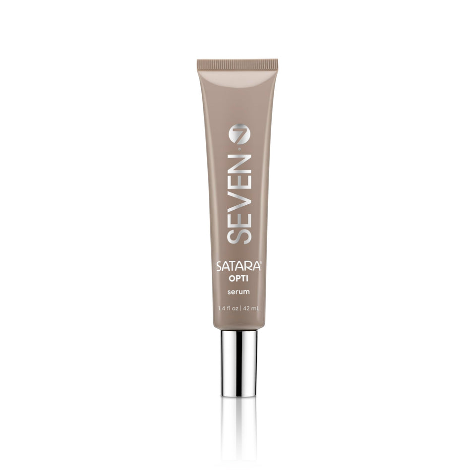 SEVEN Satara Opti serum bottle with sleek packaging for easy daily anti-grey action.