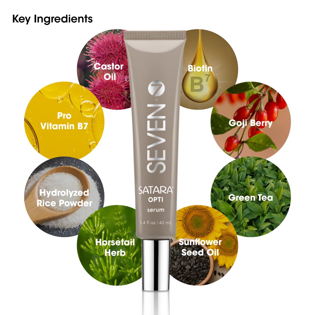 SEVEN Satara Opti ingredient scene featuring castor oil and goji berry for nourishment.