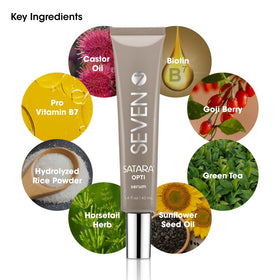 SEVEN Satara Opti ingredient scene featuring castor oil and goji berry for nourishment.