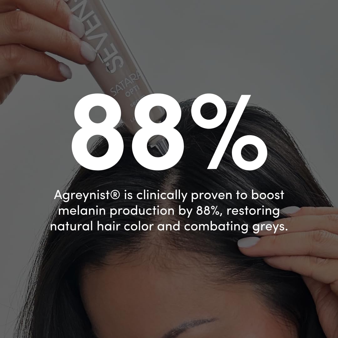 SEVEN Satara Opti serum close-up highlighting Agreynist and Procapil for melanin support.