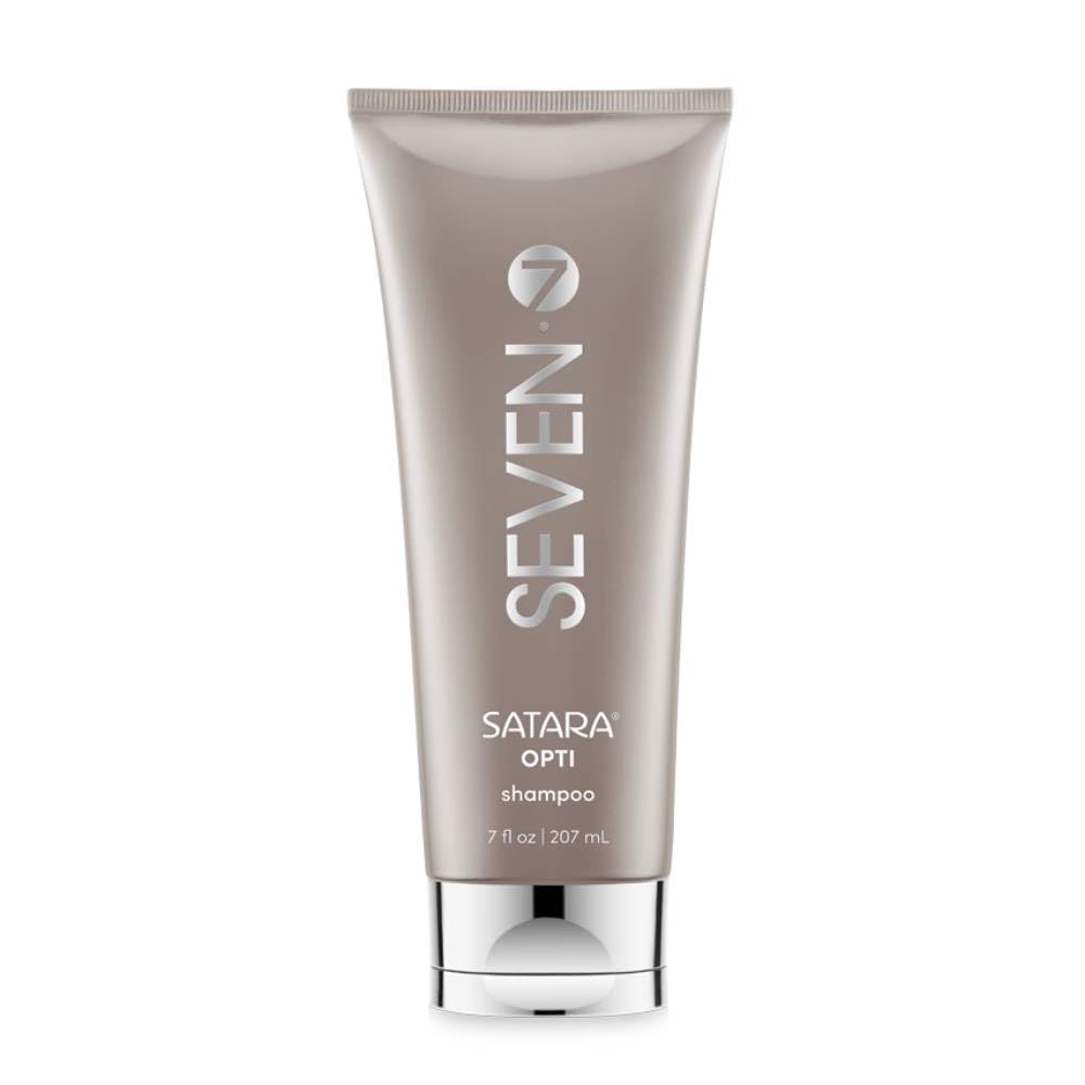 SEVEN SATARA OPTI Shampoo bottle highlights growth-friendly formula for fuller-looking hair.
